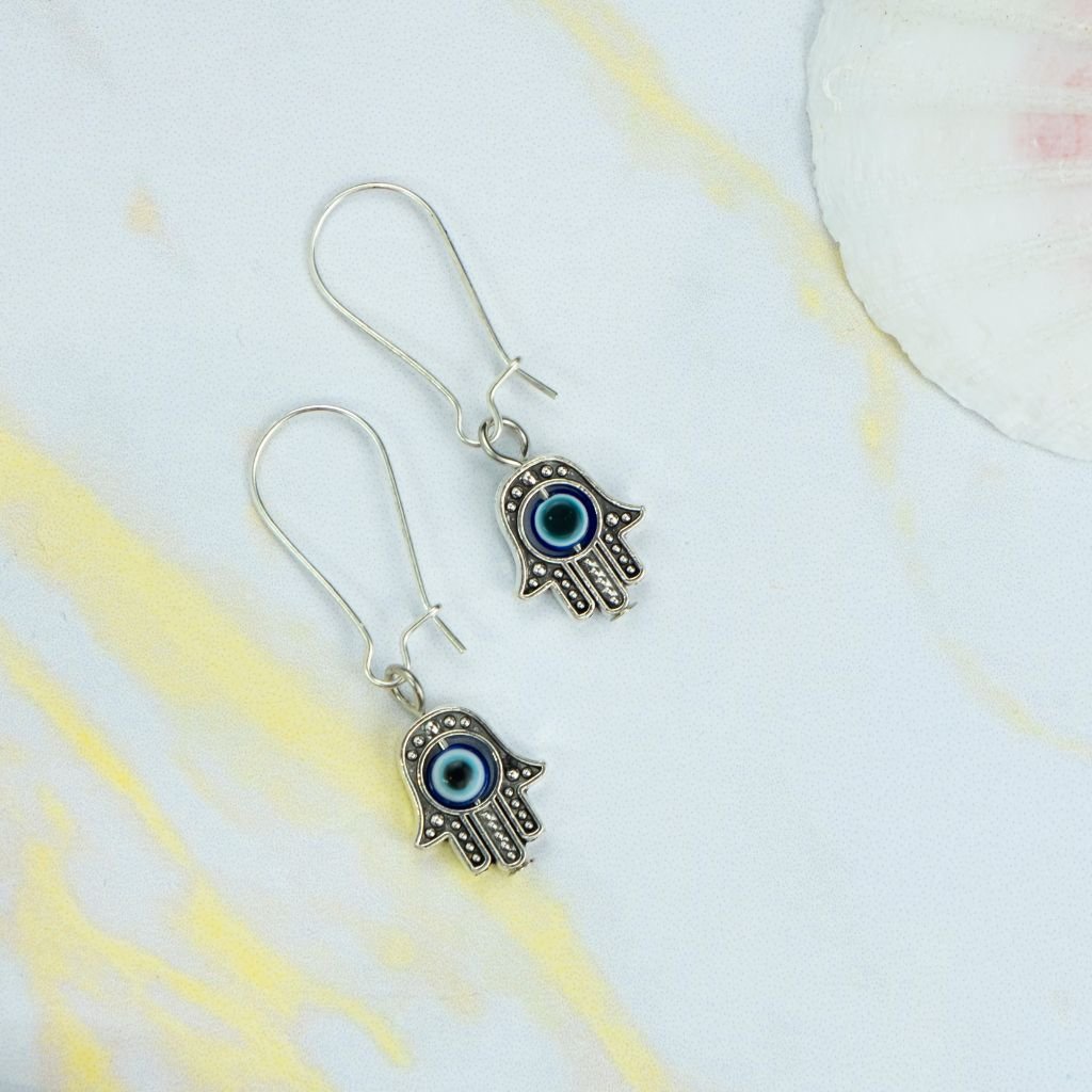 Long Silver Evil Eye Dainty Fatima Hand Hamsa Huggie Latch Back Boho Earrings