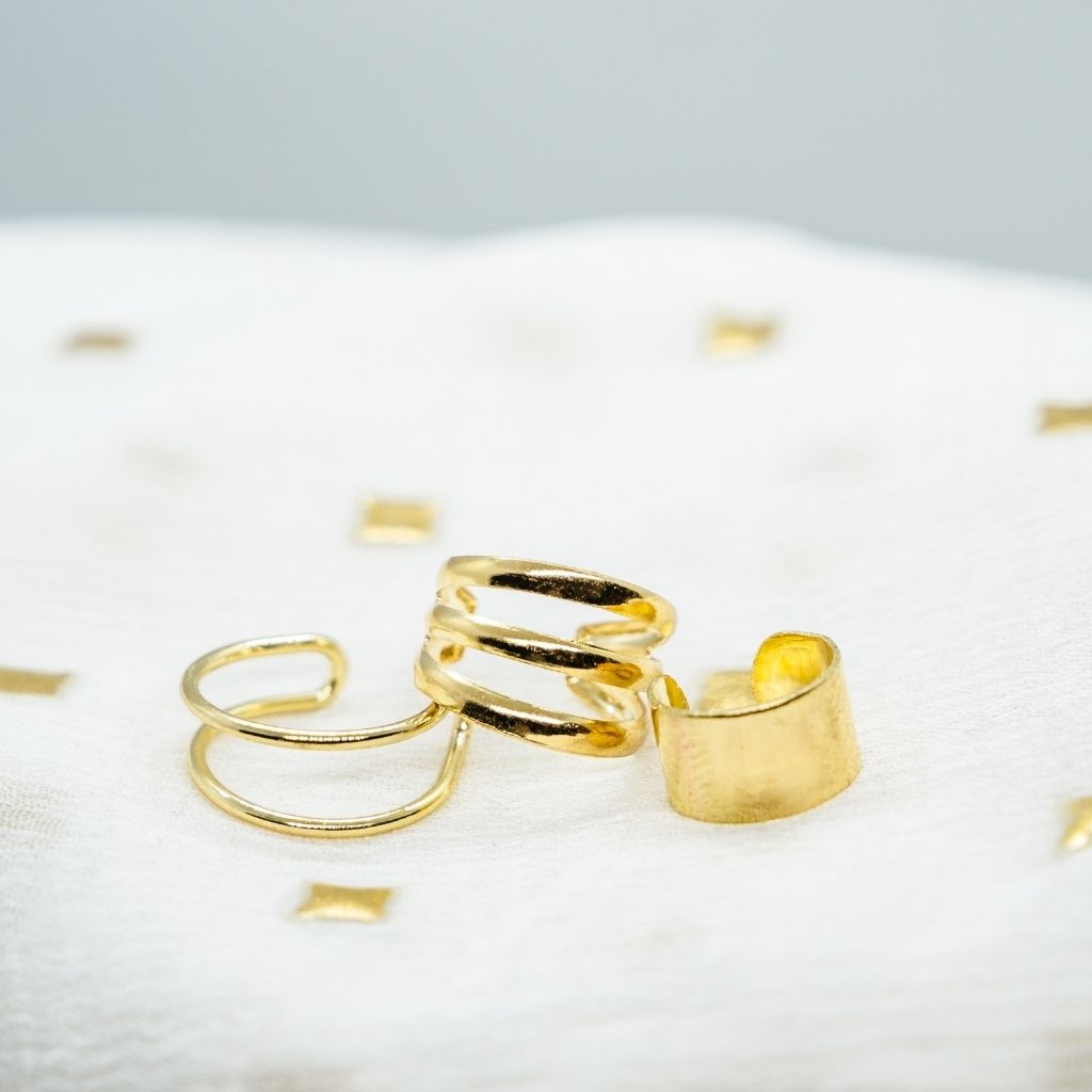 Gold Plated 3 Piece Adjustable Non Piercing Everyday Helix Ear Cuff Band (Close-up Detail) | The Colourful Aura