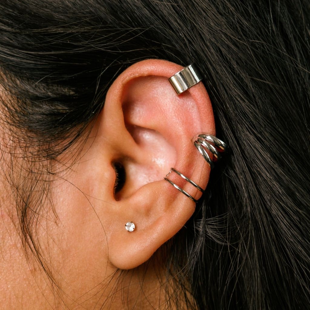 Silver Gold Plated 3 Piece Adjustable Non Piercing Everyday Helix Ear Cuff Band (Close-up Detail) | The Colourful Aura