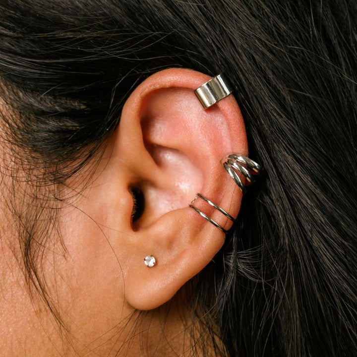 Silver Gold Plated 3 Piece Adjustable Non Piercing Everyday Helix Ear Cuff Band (Close-up Detail) | The Colourful Aura