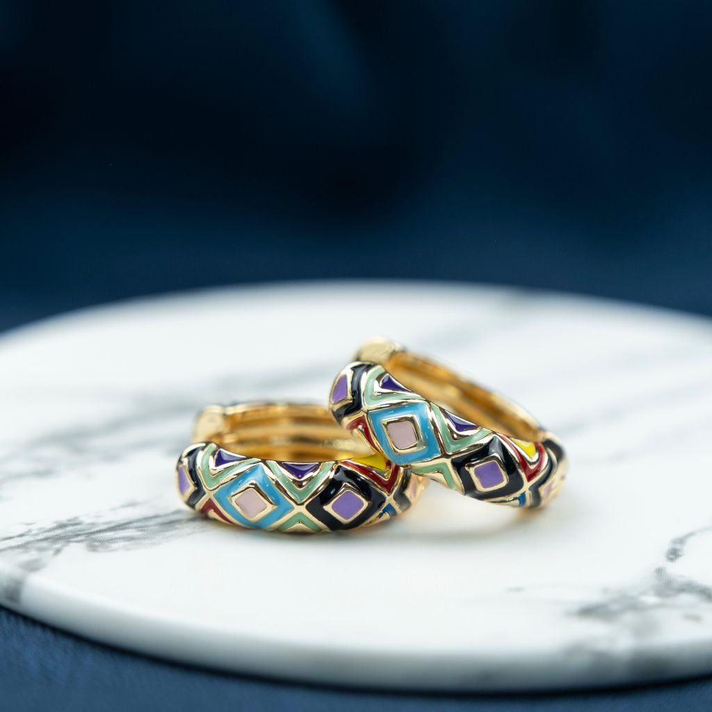 Gold Plated Large Blue Floral Multicolour Dainty Enamel Huggie Hoop Earrings