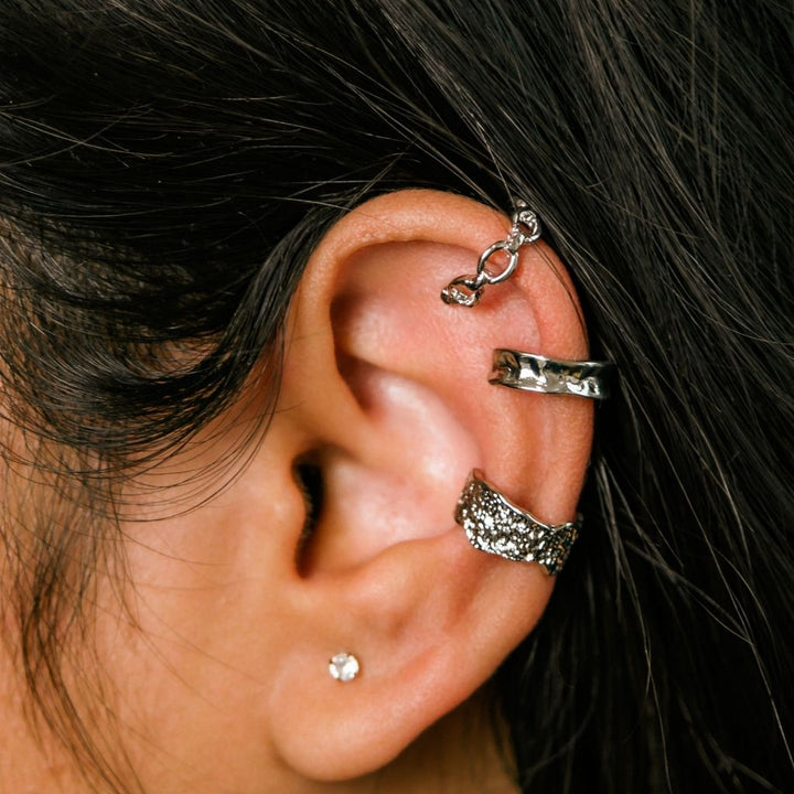 Silver And Gold 3 Piece Non Piercing Adjustable Hammered Wire Ear Wrap Cuff (Close-up Detail) | The Colourful Aura