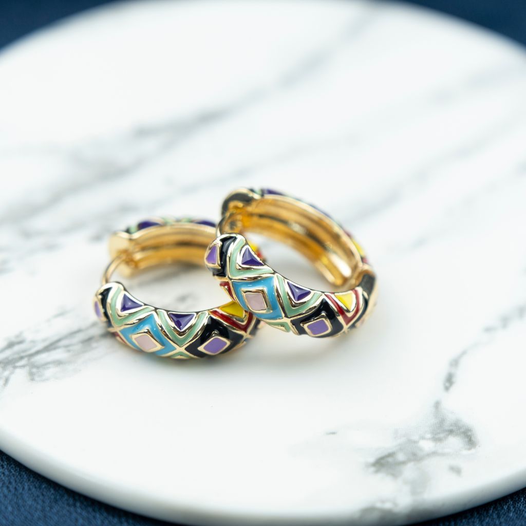 Large Enamel Huggie Multicolour Rainbow Dainty Floral Hoop Earrings (Close-up Detail) | The Colourful Aura