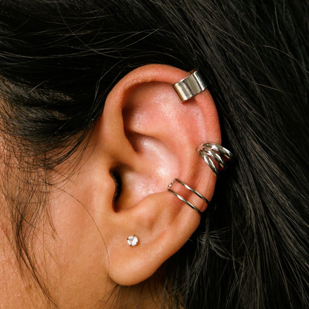 Gold Plated 3 Piece Adjustable Non Piercing Everyday Helix Ear Cuff Band (Close-up Detail) | The Colourful Aura