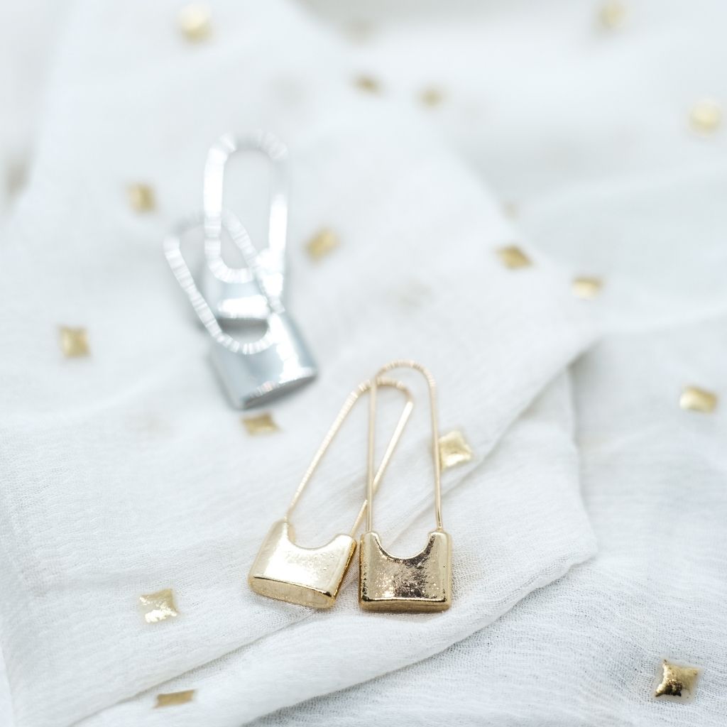 Gold and Silver Safety Pin Earrings