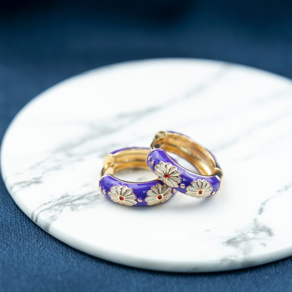 Gold Plated Large Blue Floral Multicolour Dainty Enamel Huggie Hoop Earrings