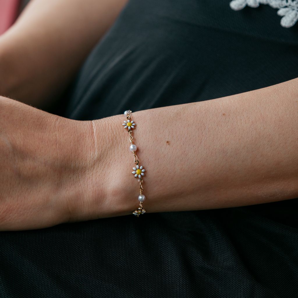 Silver Sun Flower Pearl Charms Beaded Summer Indie Boho Daisy Floral Bracelet