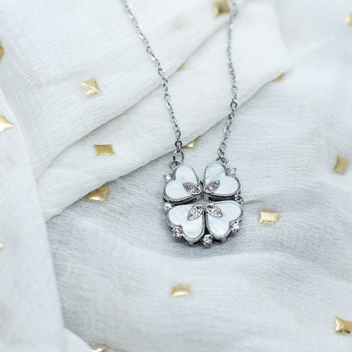 Silver Four Heart White Enamel Clover Pendant Necklace (Close-up Detail) | The Colourful Aura