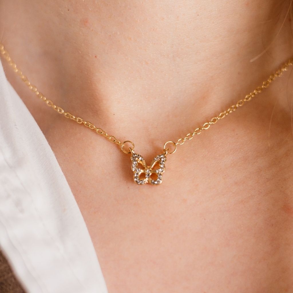 Silver and Gold Sparkly Dainty Butterfly Minimalistic Pendant Necklace (Close-up Detail) | The Colourful Aura