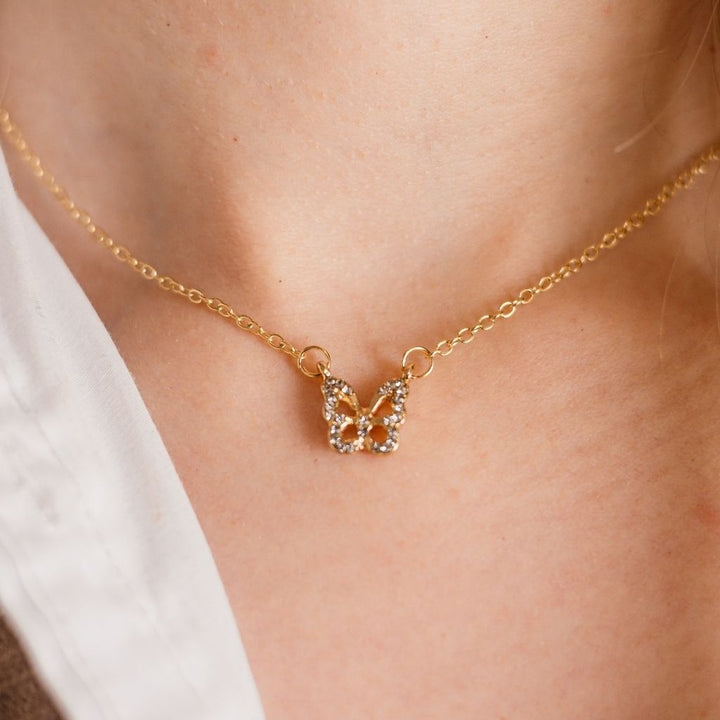 Silver and Gold Sparkly Dainty Butterfly Minimalistic Pendant Necklace (Close-up Detail) | The Colourful Aura