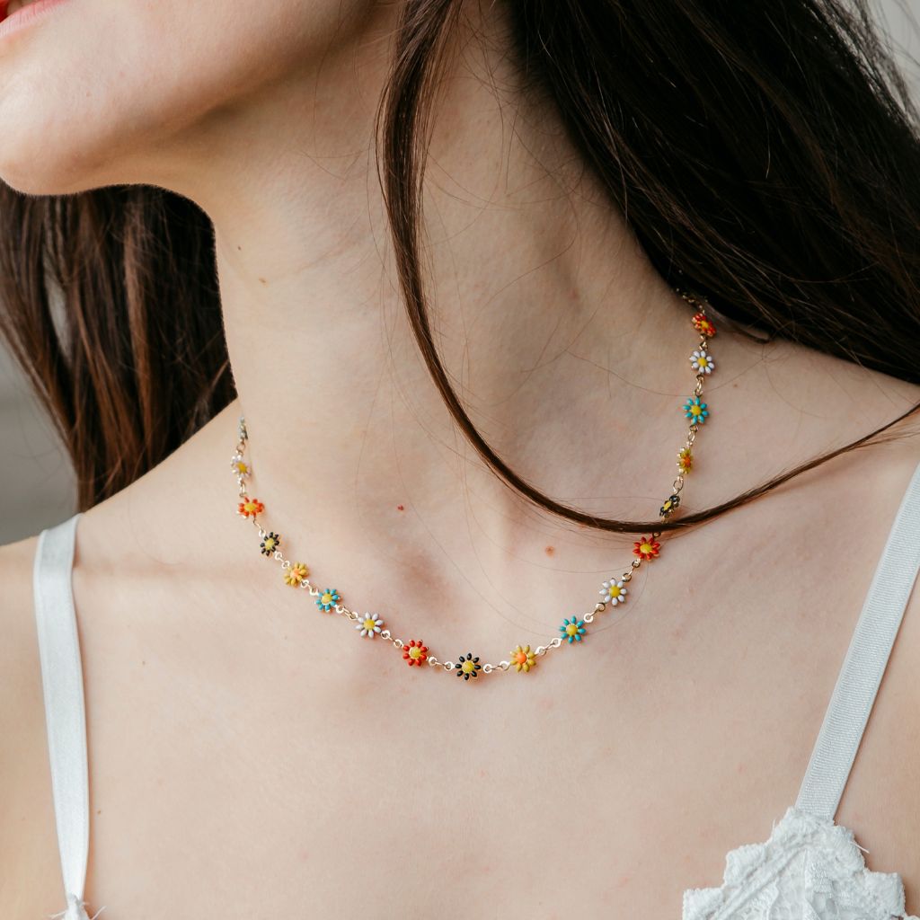 Silver Colourful Daisy Sun Flower Charms Indie Summer Boho Choker Necklace