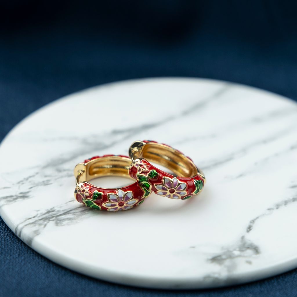 Large Enamel Huggie Multicolour Rainbow Dainty Floral Hoop Earrings (Close-up Detail) | The Colourful Aura
