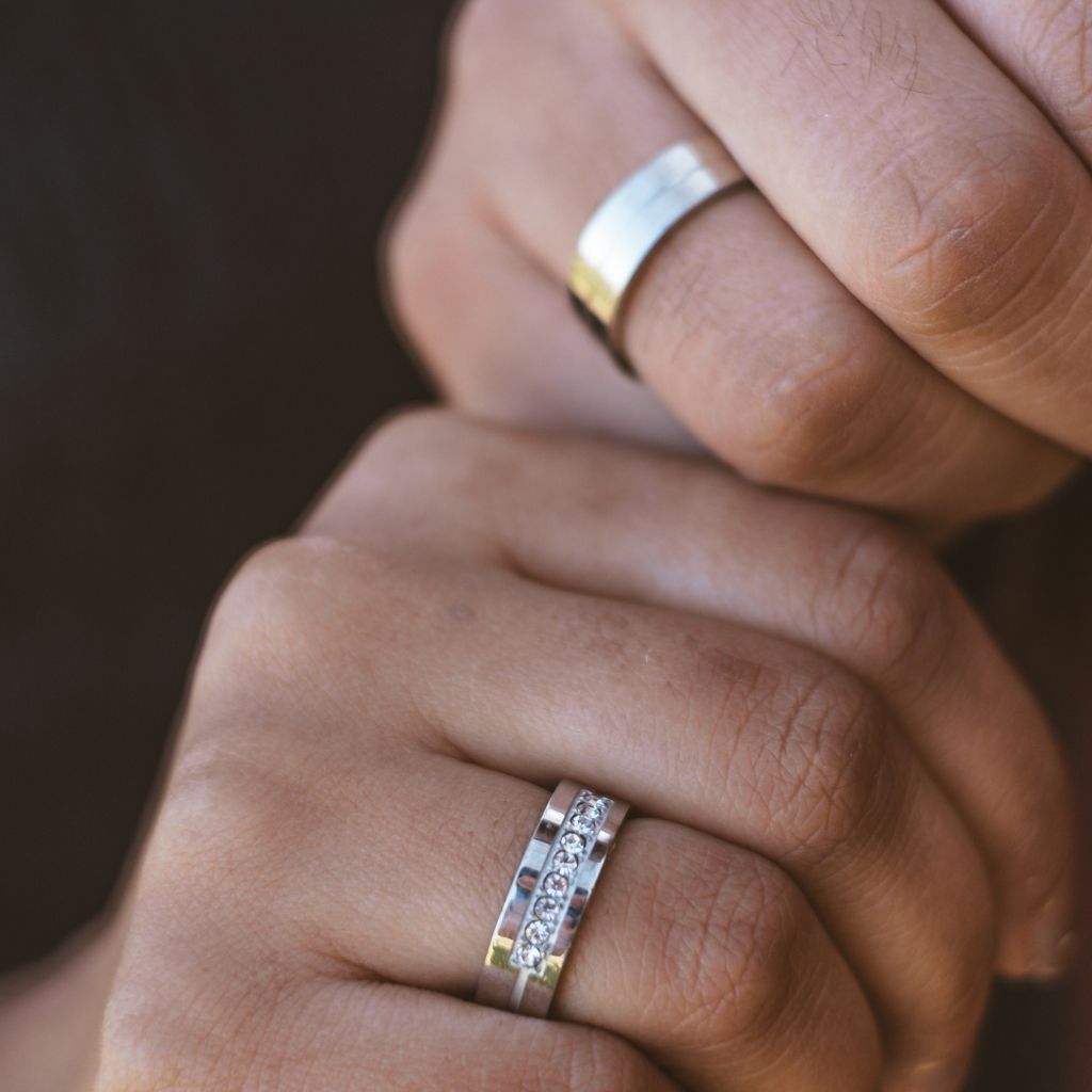 Silver Couple His and Hers Zircon Wide Band Promise Set