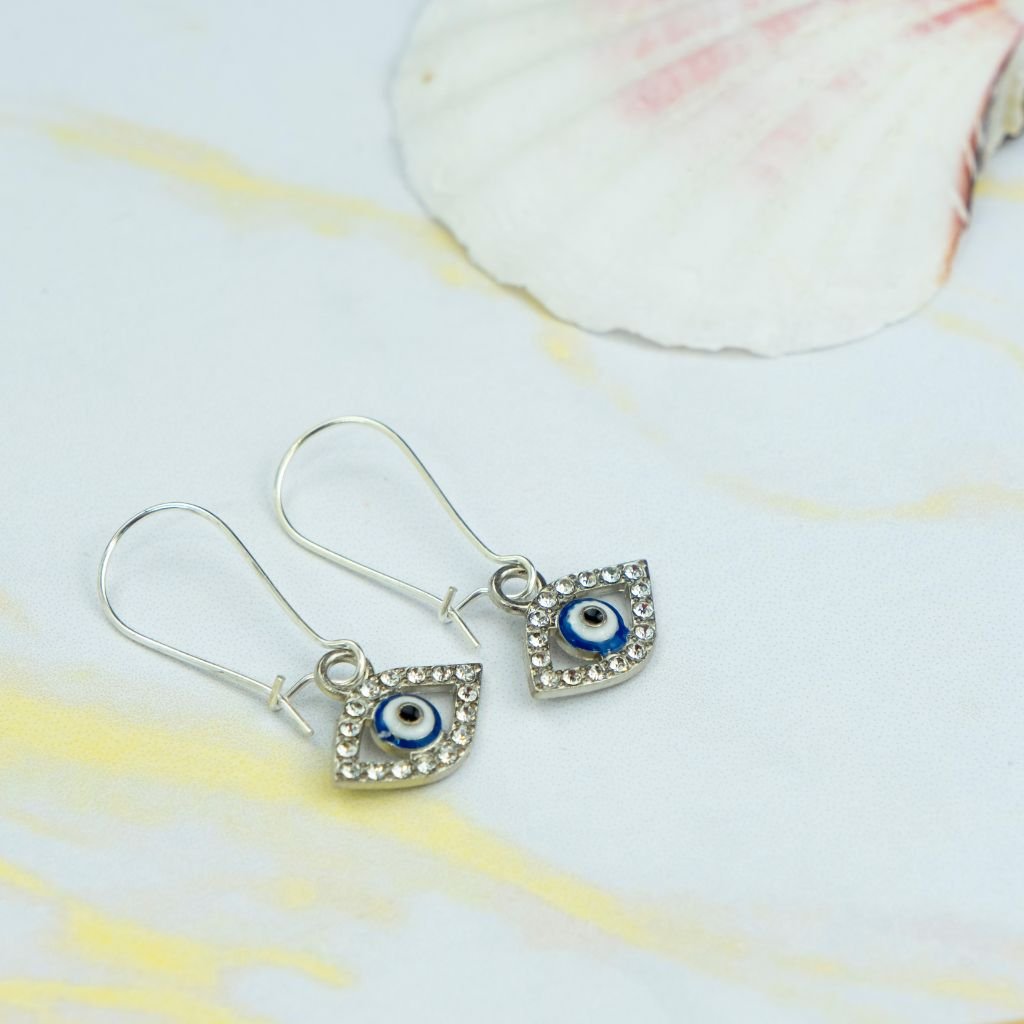 Long Silver Evil Eye Huggie Dainty Zircon Devil Eye Charm Latch Back Earrings