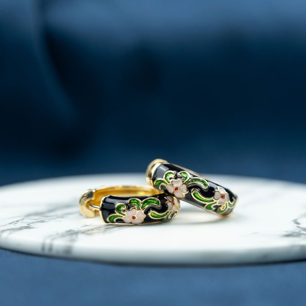 Gold Plated Large Blue Floral Multicolour Dainty Enamel Huggie Hoop Earrings