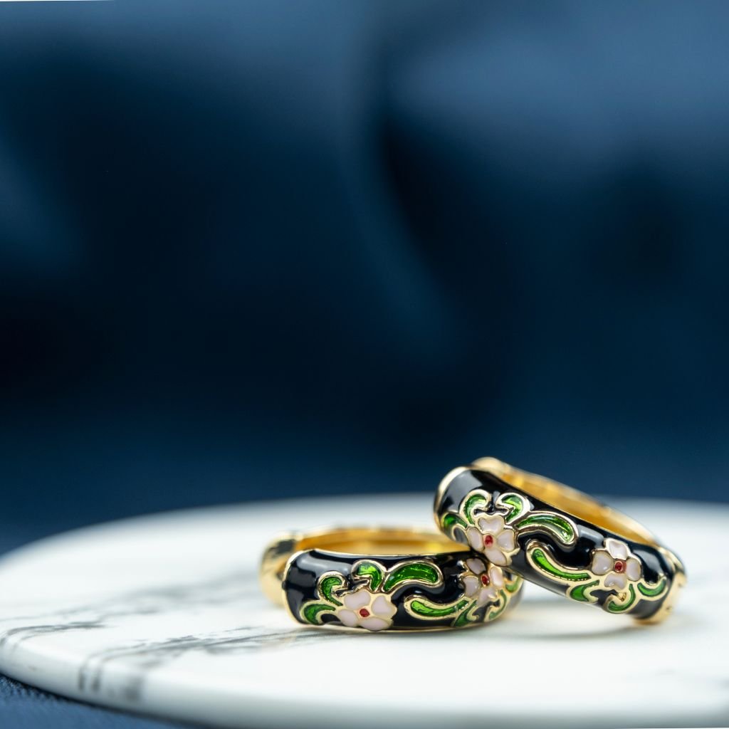 Gold Plated Large Blue Floral Multicolour Dainty Enamel Huggie Hoop Earrings