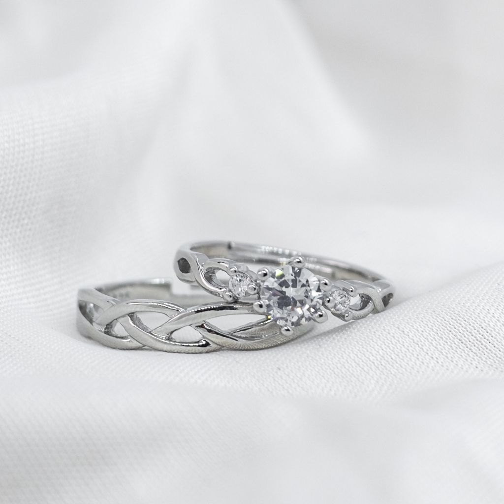 Adjustable Silver Couple Promise Braid Zircon Matching Ring set