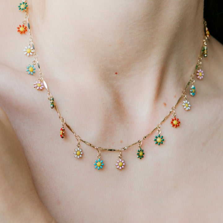 Gold Colourful Rainbow Flower  Indie Boho Daisy Charms Dangle Choker Summer (Close-up Detail) | The Colourful Aura