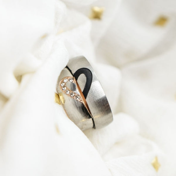 Stainless Steel Couple Rose Gold Heart Zircon Band Promise Ring Set
