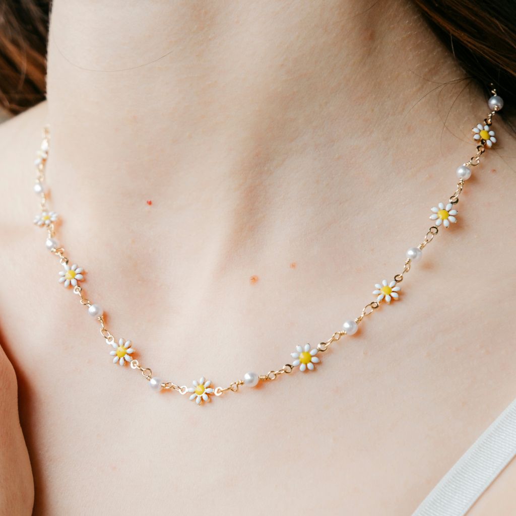 Gold Colourful White Indie Boho Daisy Sun Flower Pearl Choker Floral Summer — Boho Jewellery UK | The Colourful Aura