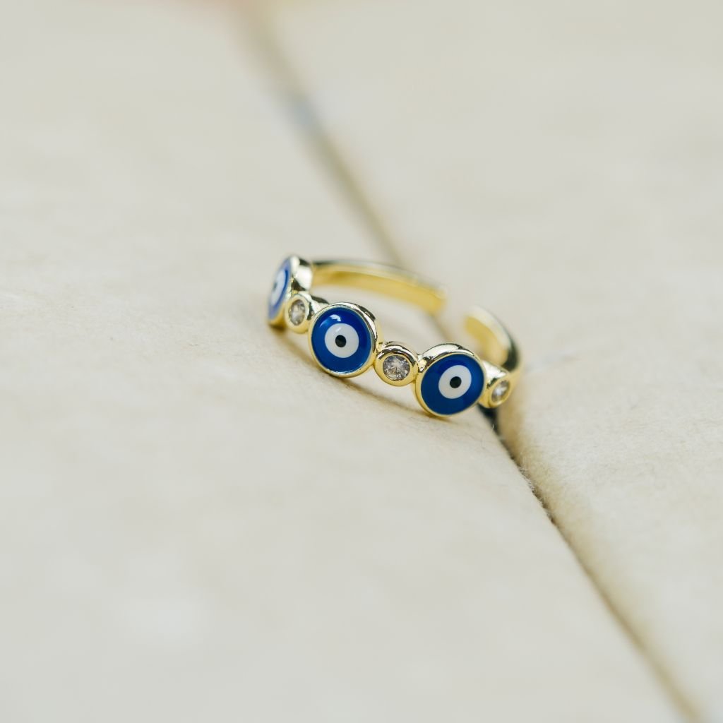 Adjustable Blue White Slim Beaded Stackable Protection Evil Eye Ring