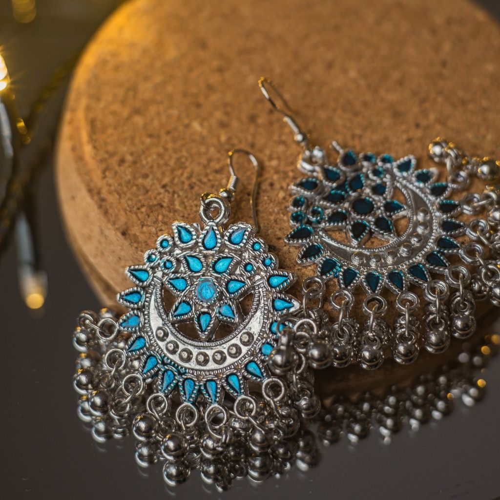 Intricate Floral Blue Enamel Indian Boho Oxidised Boho Drop Ethnic Asian Earring