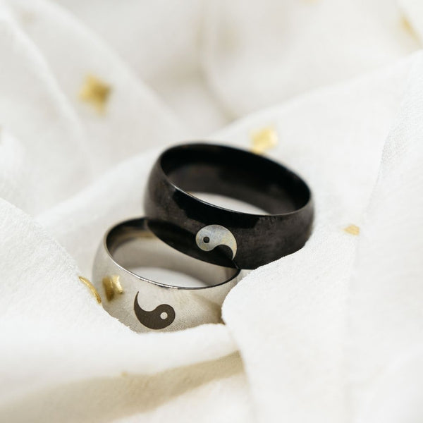 Stainless Steel Yin and Yang Matching Couple Promise Band Ring Set
