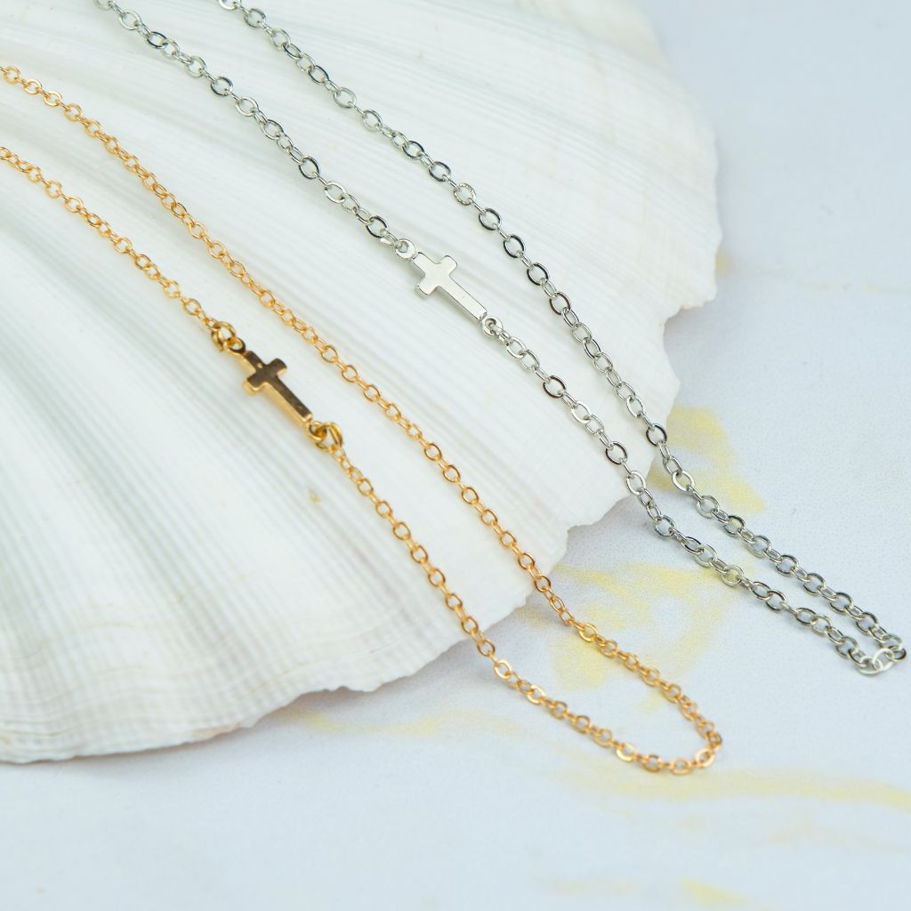 Silver and Gold Sideways Christian Minimalist Dainty Cross Charm Choker Necklace