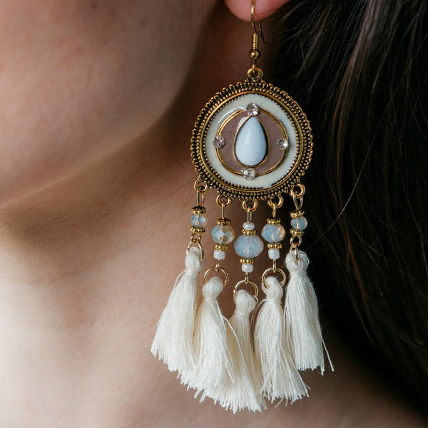 Long Round Enamel White Tassel Indian Boho Drop Ethnic Dangle Bridal Earring