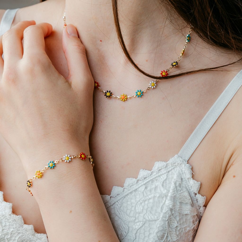 Silver Colourful Daisy Sun Flower Charms Indie Summer Boho Choker Necklace
