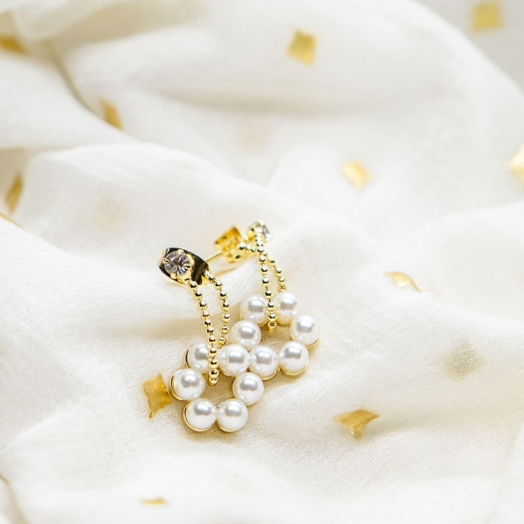 Golden Long Floral White Pearl Tassel Chain Drop Dangle Elegant Date Earrings — Boho Jewellery UK | The Colourful Aura