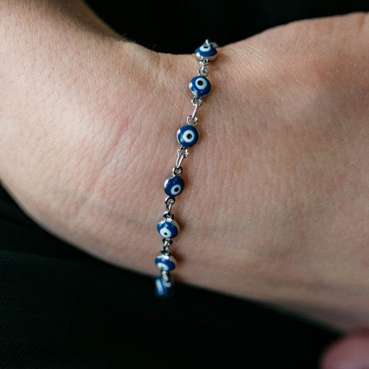 Silver Blue Turkish Evil Eye Beaded Charm Protection Minimalist Adjustable (Close-up Detail) | The Colourful Aura