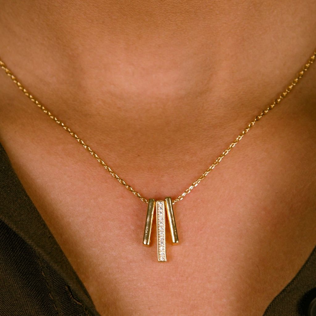 Sterling Silver Geometric Three Zircon Bar Drop Pendant Necklace