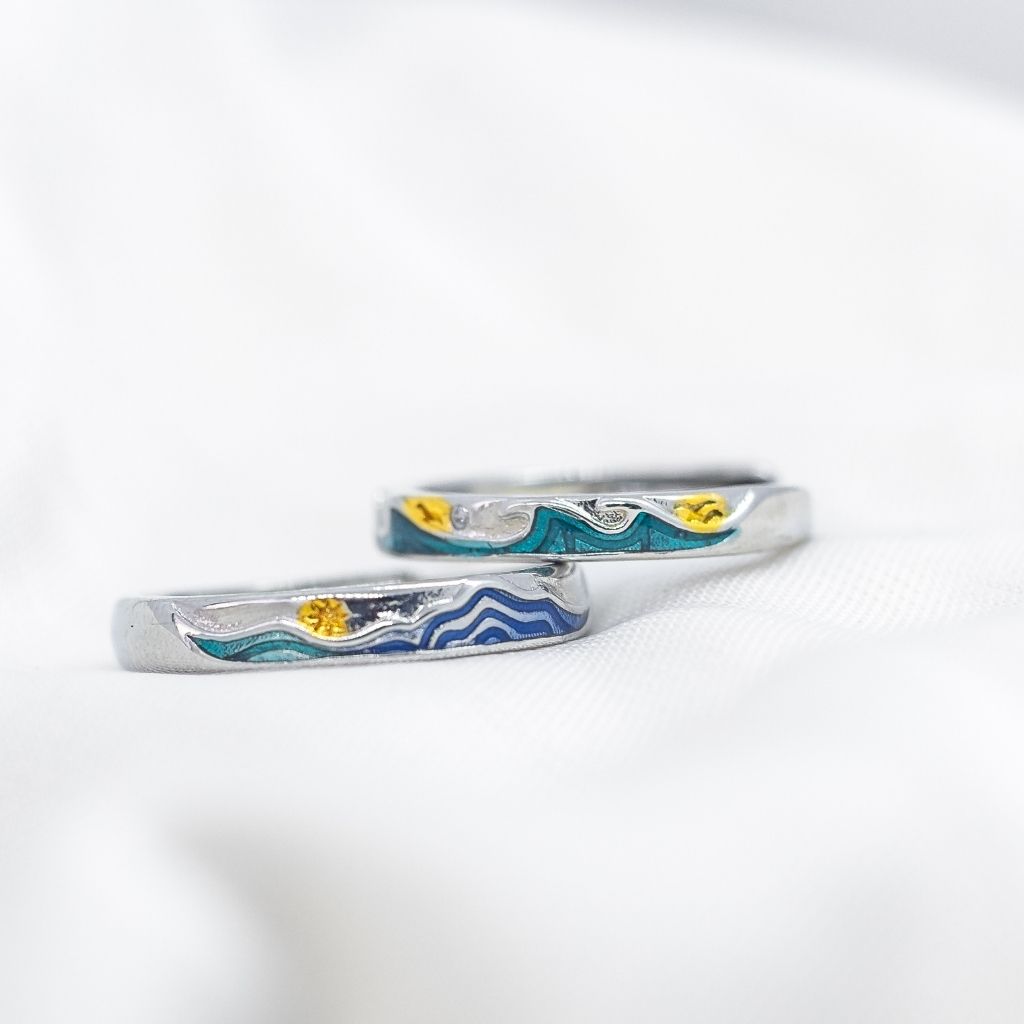 Adjustable Silver Sea Wave Enamel Couple Promise Ring Set