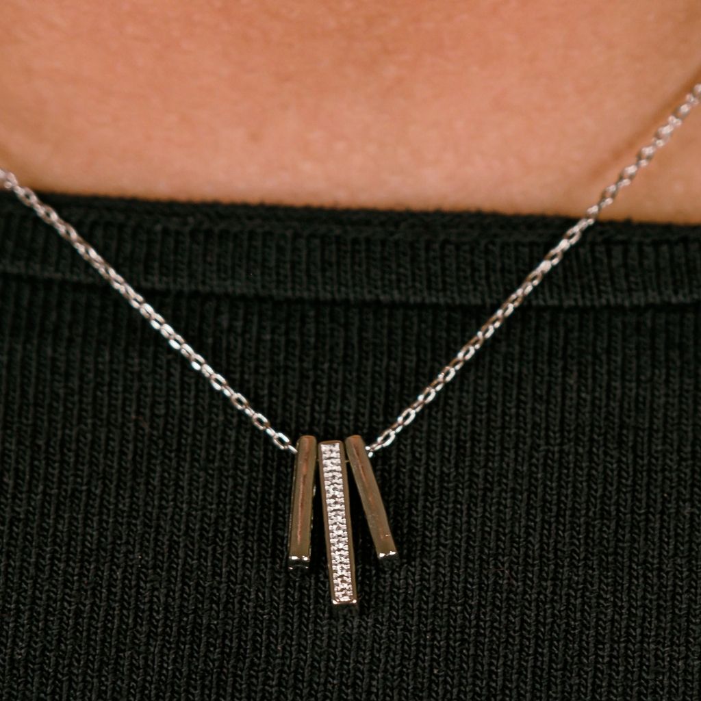 Sterling Silver Geometric Three Zircon Bar Drop Pendant Necklace