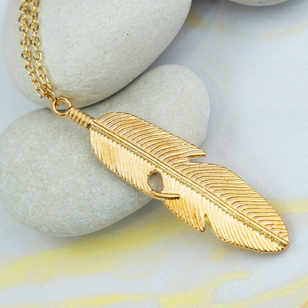Large Gold Feather Leaf Charm Dainty Statement Pendant Necklace