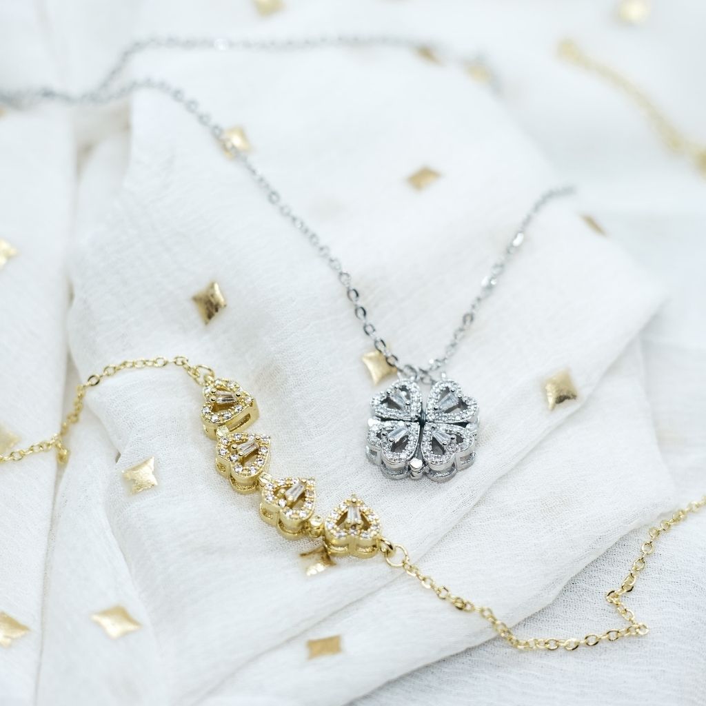 Four Heart Crystal Clover Flower Magnet Foldable Pendant Necklace