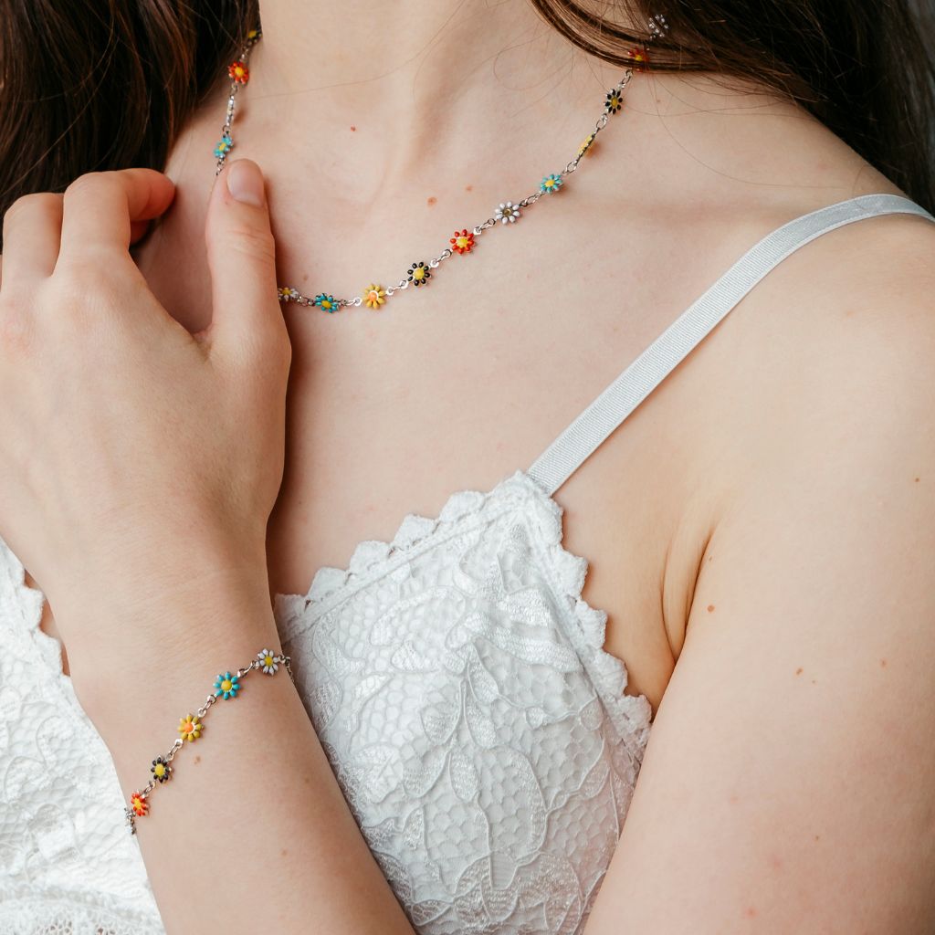 Silver Colourful Daisy Sun Flower Charms Indie Summer Boho Choker Necklace