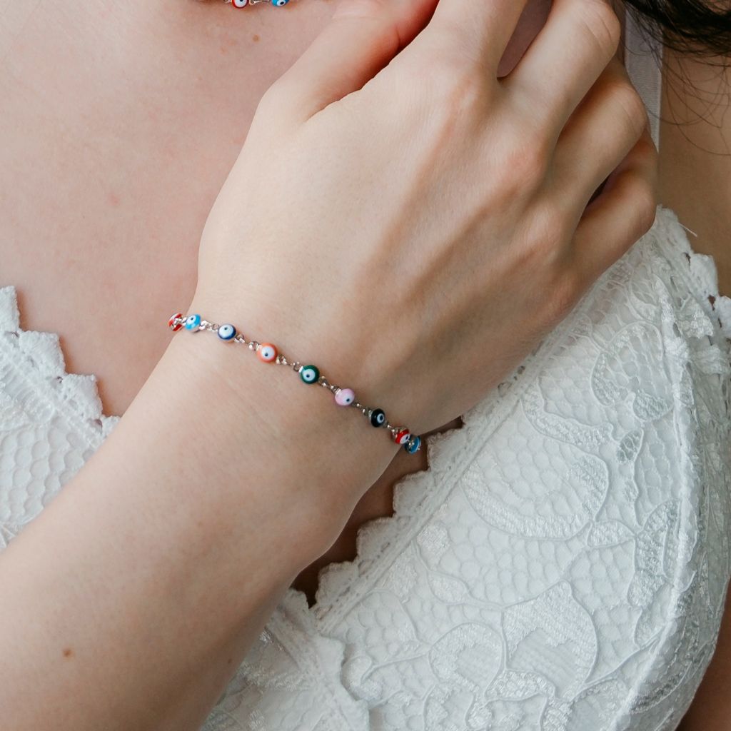 Silver Multicolour Turkish Evil Eye Bead Protection Luck Eye Charm Adjustable — Boho Jewellery UK | The Colourful Aura