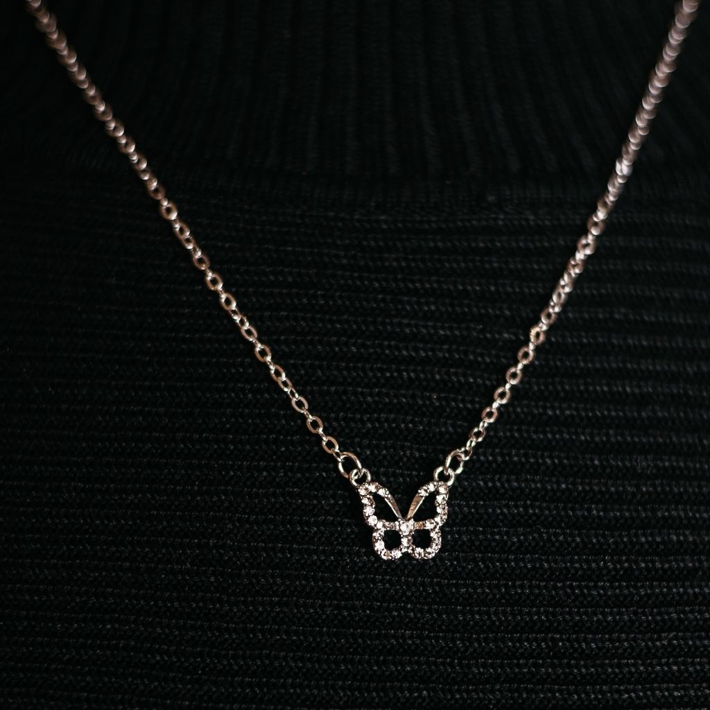 Silver and Gold Sparkly Dainty Butterfly Minimalistic Pendant Necklace (Close-up Detail) | The Colourful Aura