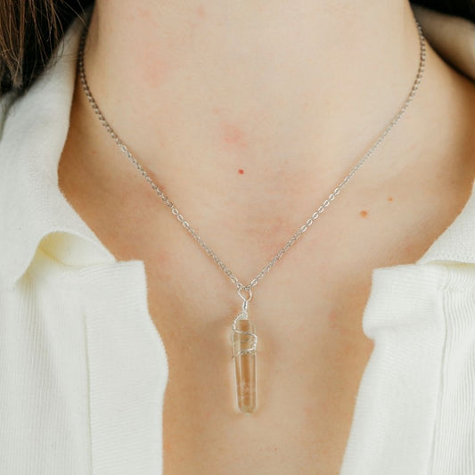 Clear Quartz Crystal Point Pillar Wire Wrapped Natural Stone Pencil Necklace