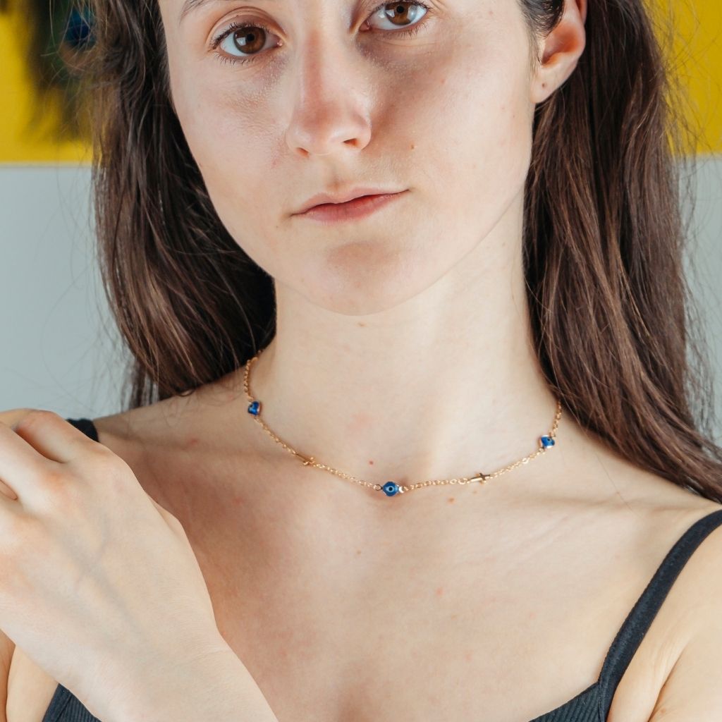 Blue Evil Eye Sideways Cross Necklace Minimalist Choker Dainty Protection Choker (Close-up Detail) | The Colourful Aura