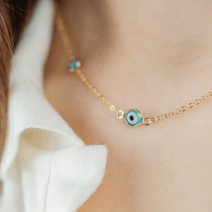 Evil Eye Gold and Silver Charm Protection Turkish Eye Blue Bead Choker Necklace (Close-up Detail) | The Colourful Aura