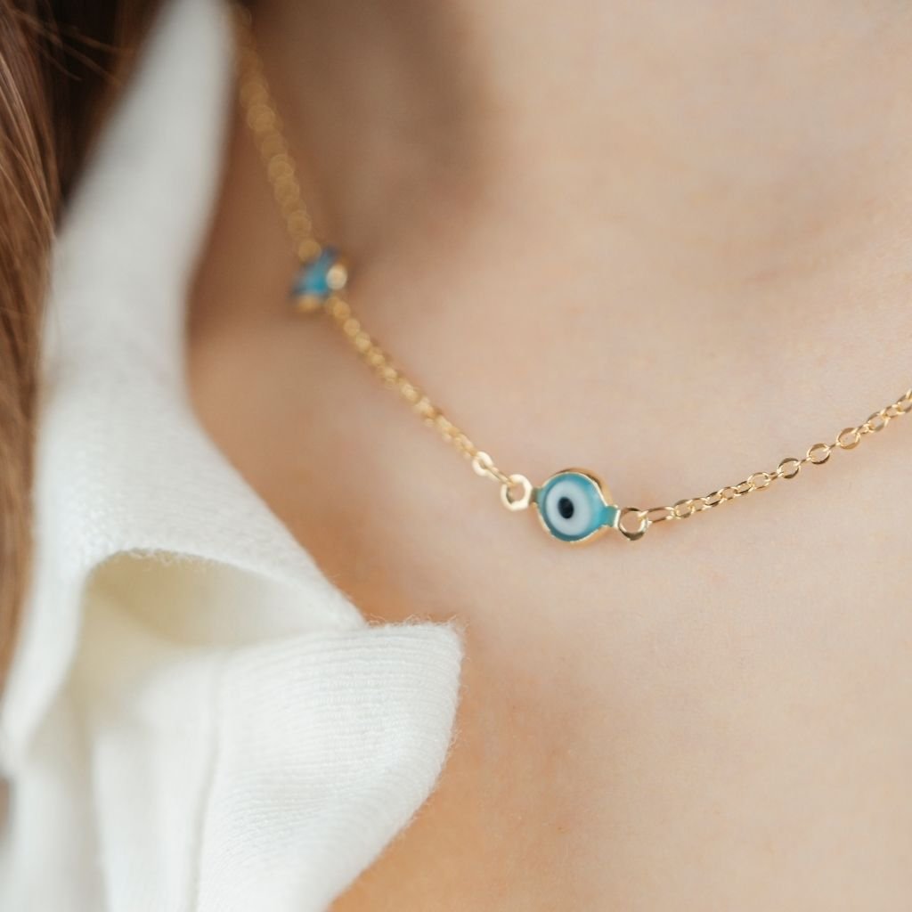 Evil Eye Gold and Silver Charm Protection Turkish Eye Blue Bead Choker Necklace (Close-up Detail) | The Colourful Aura
