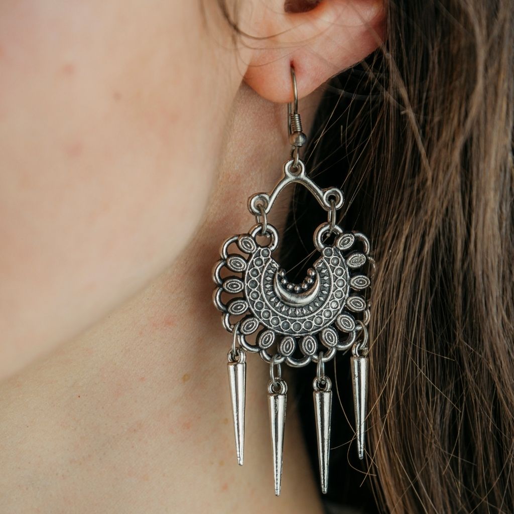 Oxidised Intricate Colourful Silver Plated Bohemian Indian Asian Drop Jhumkis