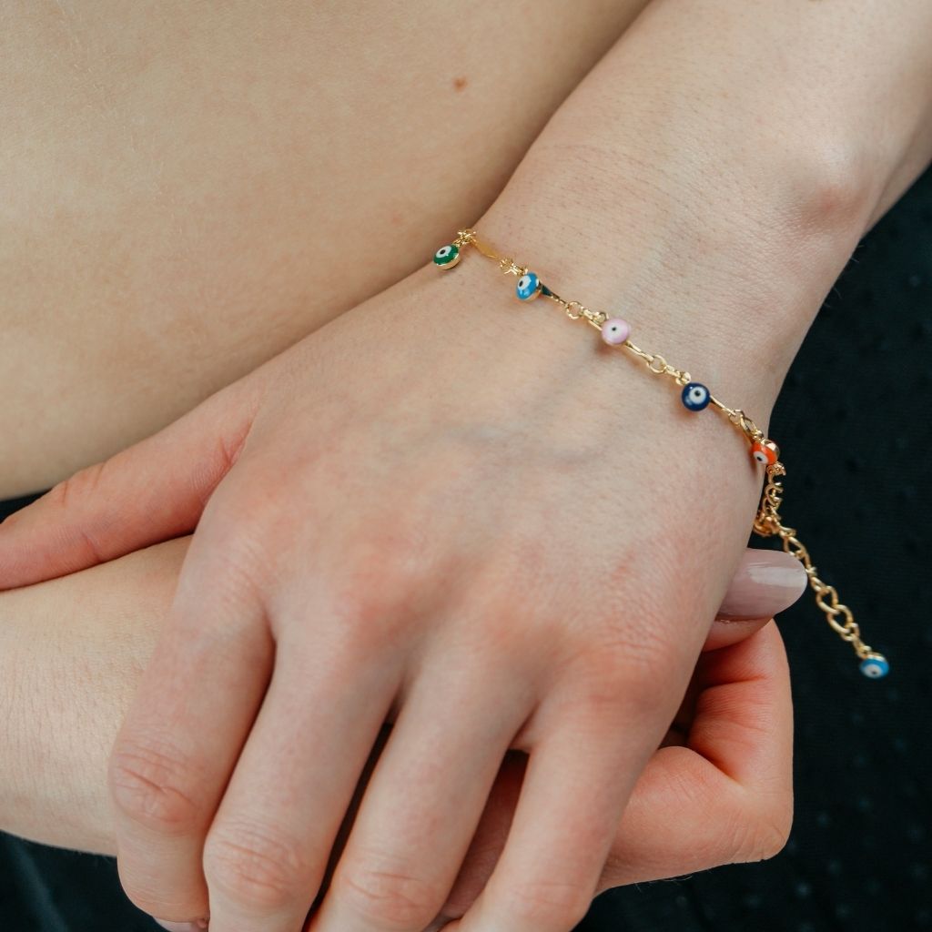 Silver Plated Dainty Evil Eye Protection Charm Beaded Dangly Adjustable Bracelet