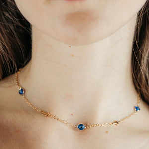 Gold Blue Evil Eye Sideways Cross Necklace Minimalist Choker Dainty Protection — Boho Jewellery UK | The Colourful Aura