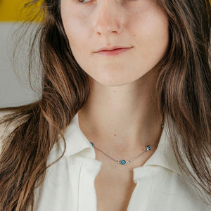 Evil Eye Gold and Silver Charm Protection Turkish Eye Blue Bead Choker Necklace (Close-up Detail) | The Colourful Aura