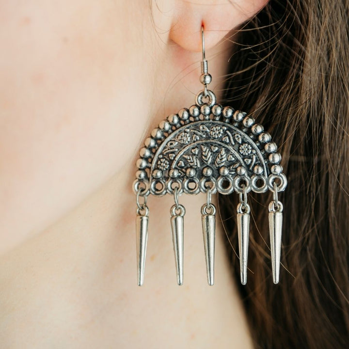 Silver Gold Semicircular Intricate Oxidized Indian Asian Boho Drop Ethnic Tribal (Close-up Detail) | The Colourful Aura