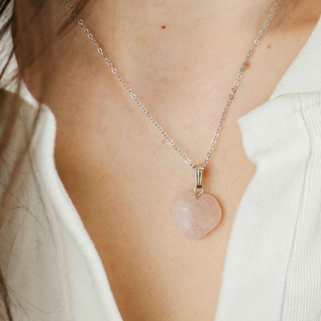 Rose Quartz Crystal Amazonite Green White Purple Heart Shape Pendant Necklace